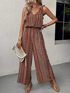 Women's All Over Print Jumpsuit, Casual Sleeveless Jumpsuit for Summer, Women's Jumpsuit for Beach Holiday, Casual Comfy Jumpsuit