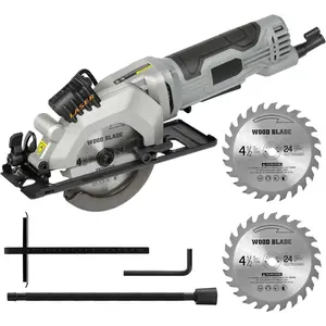 Mini Circular Saw, 4Amp 3500RPM Corded Compact Saw with 4-1/2" 24T TCT Blades, Laser Guide, Rip Guide, Vacuum Adapter and Blade Wrench, Max Cutting Depth 1-11/16"(90°), 1-1/8"(45°)