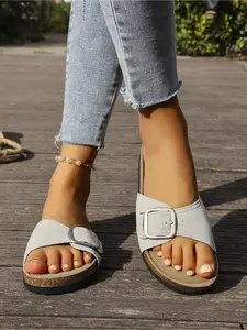 Women's Adjustable Buckle Slide Sandals, White/Black/Khaki, Cork Footbed, Flat Slides for Summer Beach & Daily Wear
