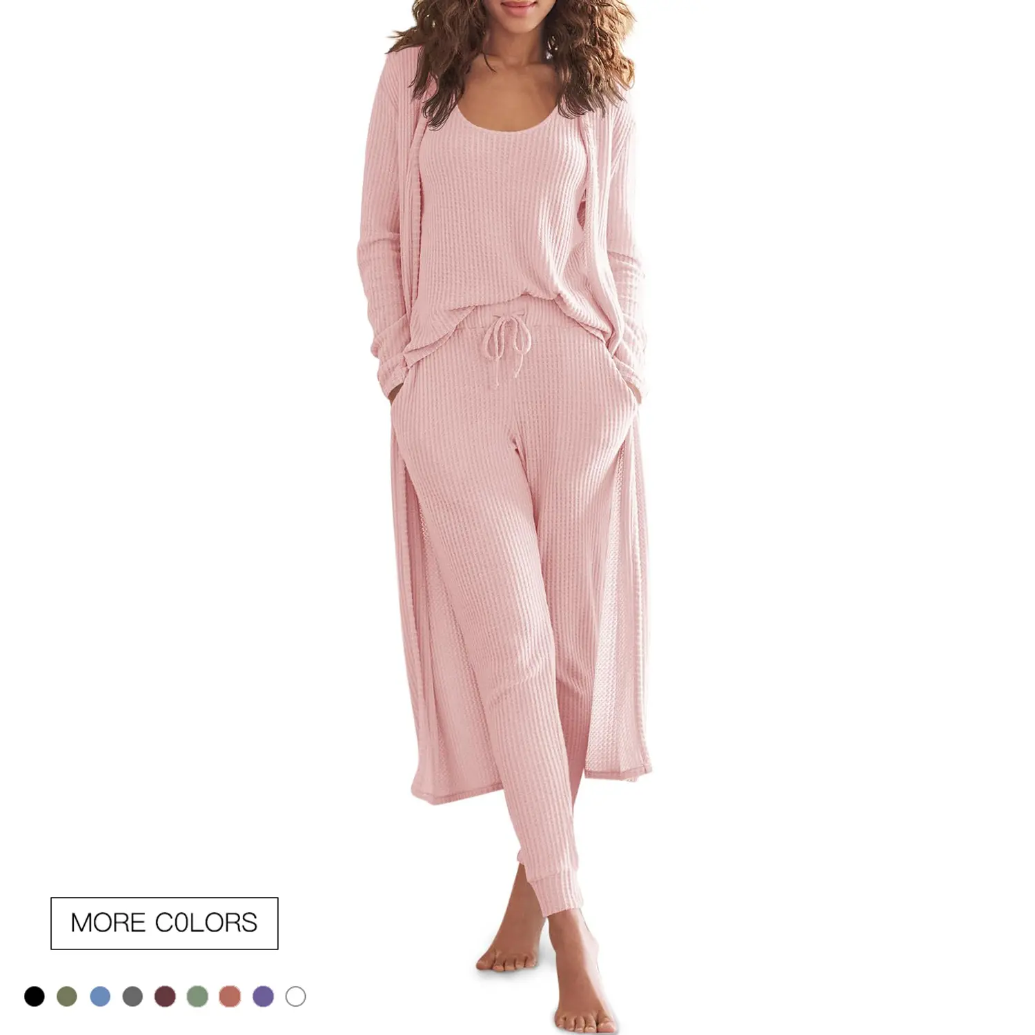 Women's Loungewear Set in a Soft Waffle Knit Fabric, 3-Piece Casual Nightwear with Cardigan, Tank Top, and Loose Pants, Ideal Gift