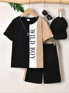 Two-piece Set Boy's Letter Print Short Sleeve Top & Shorts, Children Casual Round Neck Top & Shorts, Summer Clothes for Kids, Kids Clothing, Classic Sets