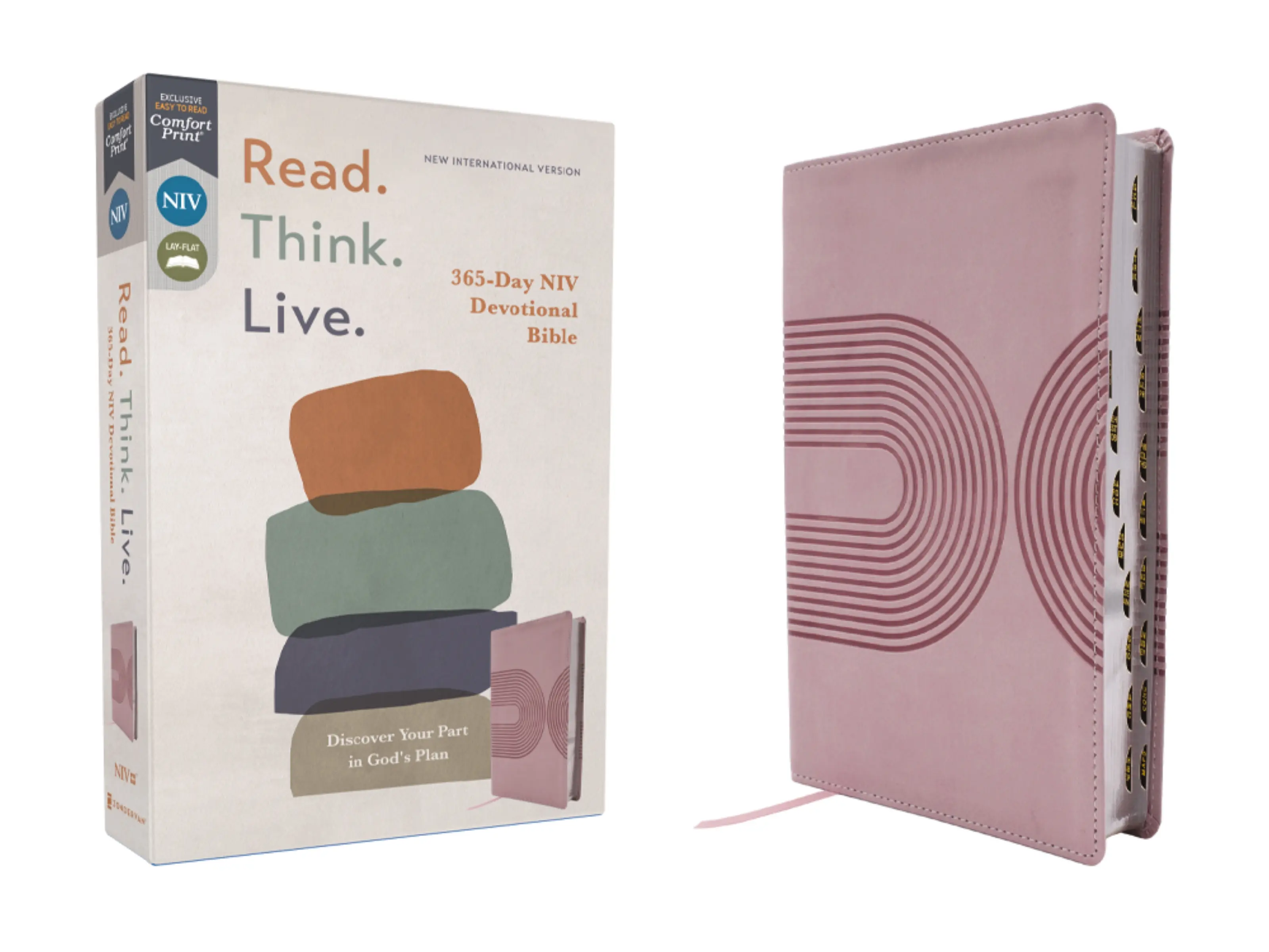 NIV, Read. Think. Live., Leathersoft, Pink, Thumb Indexed, Comfort Print: 365-Day NIV Devotional Bible - Discover Your Part in God's Plan by Walk Thru the Bible [Leatherbound Book]