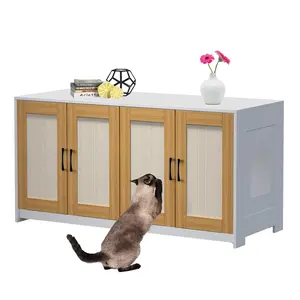 Large Wooden Hidden Litter Box Cabinet for 2 Cats Double Cat Litter Box Enclosure with 2 Sisal Scratching Doors Sliding Trays & Storage Modern Multi Purpose TV Stand Easy to Clean White