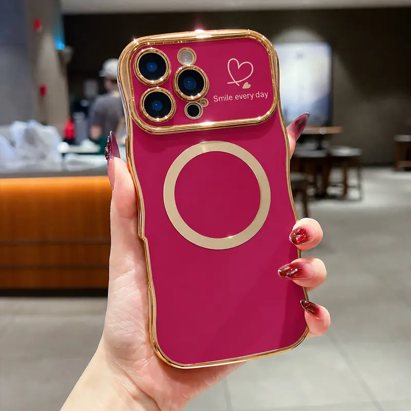 Magnetic MagSafe-Compatible Cellphone Casing for iPhone 18 Pro Max,17,16,15,14,12 - Women’s Soft Cute Wave Frame Curly Shape Love Heart Luxury Plating Smartphone Protection Accessories Shockproof Back Cover, Handheld, Devices