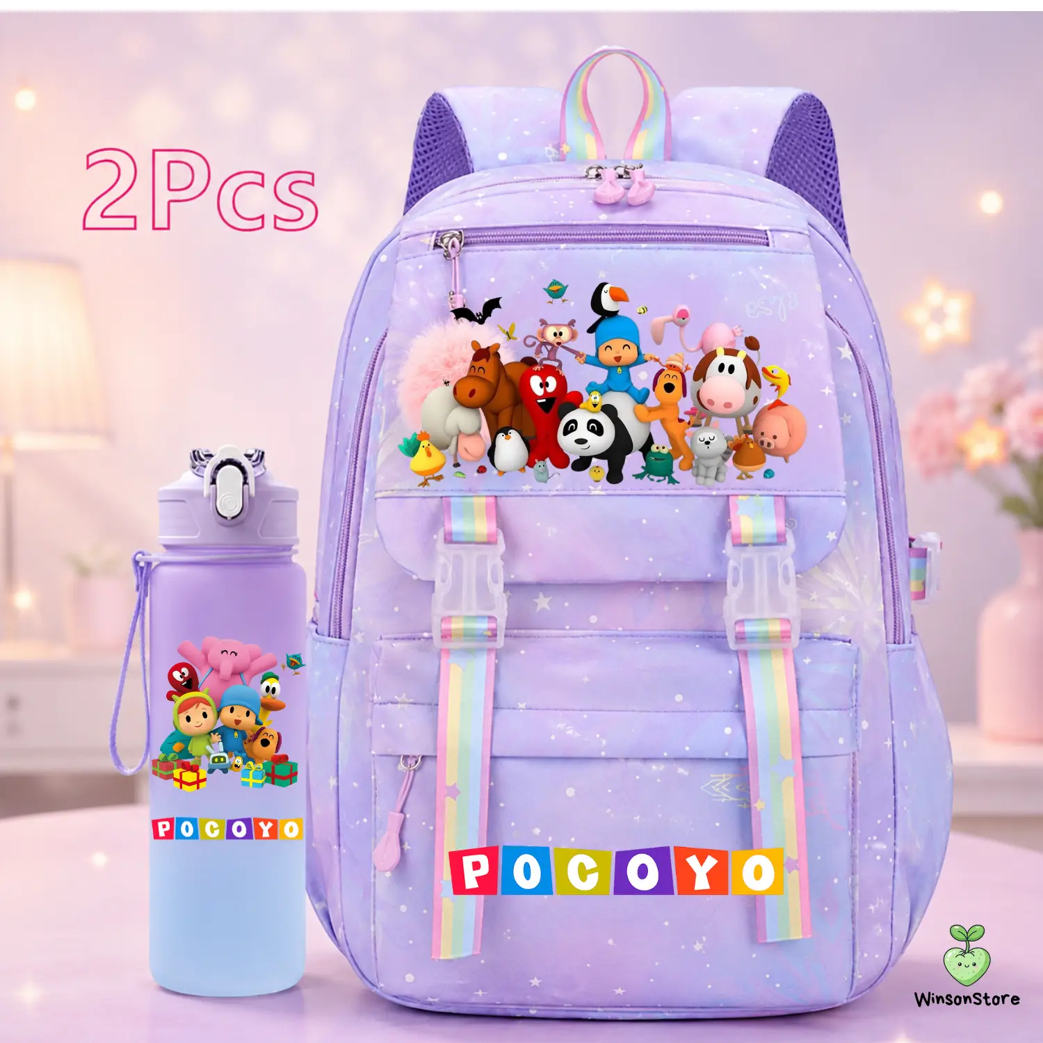 Pocoyo 2PCS Backpack Set for Kids – Pink School Bag & Water Bottle