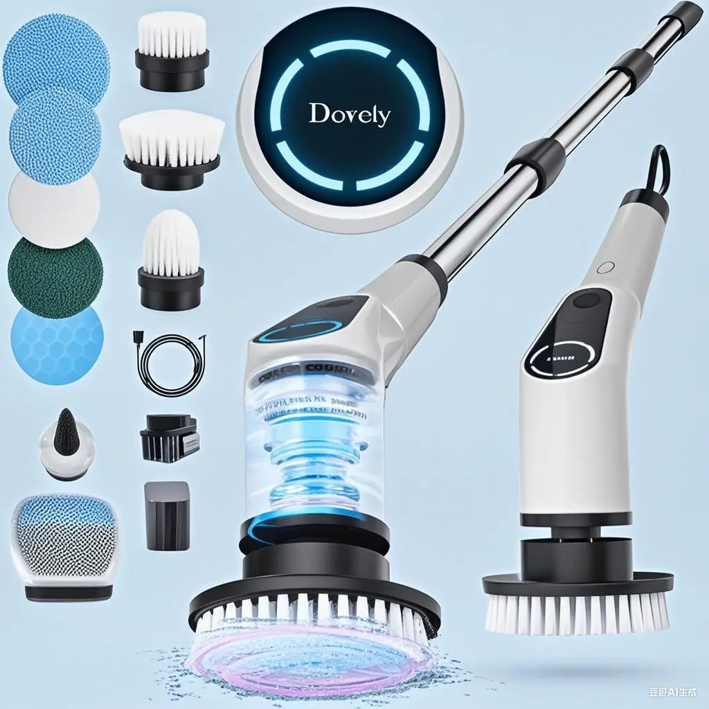 【Dovety】 Electric Spin Scrubber, Cordless Shower Scrubber, Cleaning Brush, with 8 Replaceable Brush Heads and 3 Adjustable Extension Handle, 2 Adjusta