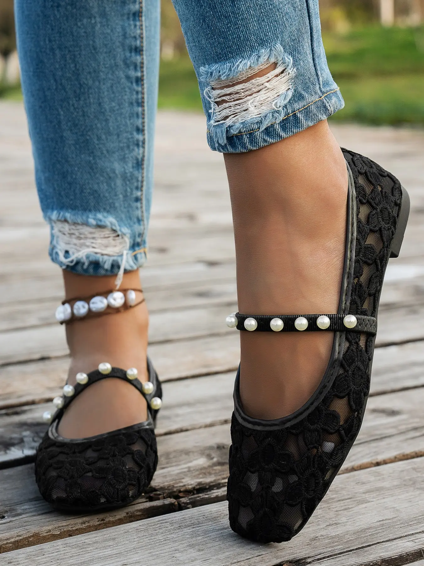 Lace Pearl Mary Jane Shoes, French Chic Style, Breathable Mesh, Pearl Strap, Daily Commute, Women's Fashion, All Seasons