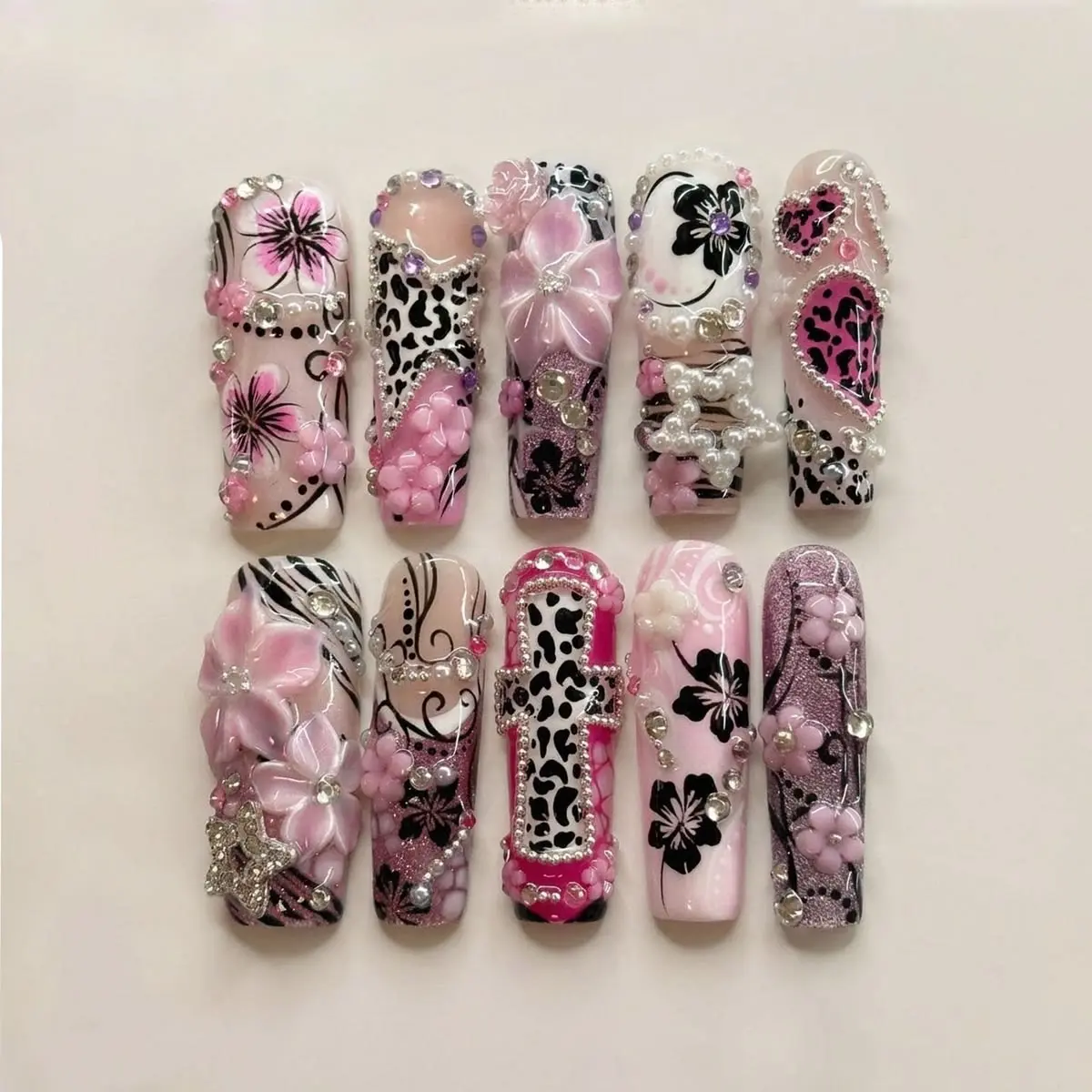 Handmade Leopard Press-On Nails - Luxury Sculpted 3D Cross Art, Pink Gothic Y2K Aesthetic, Rhinestone Glam Style for Nail Art Decoration