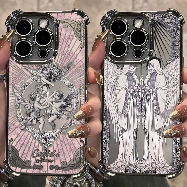 2 Styles Vintage Baroque Cupid Cherub Twin Angel Phone Case Gothic Coquette Dark Romantic Victorian Engraving Art Silver Electroplated Shockproof Bumper Cover For iPhone 18 17 16 15 14 13 12 Samsung Galaxy S26 S25 S24 S23 S22 Trendy Pastel Goth