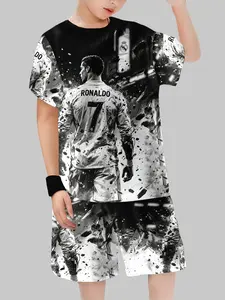 Kids CR7 Real Madrid Football Sports Suit - Monochrome Art Edition Short Sleeve Tee & Shorts