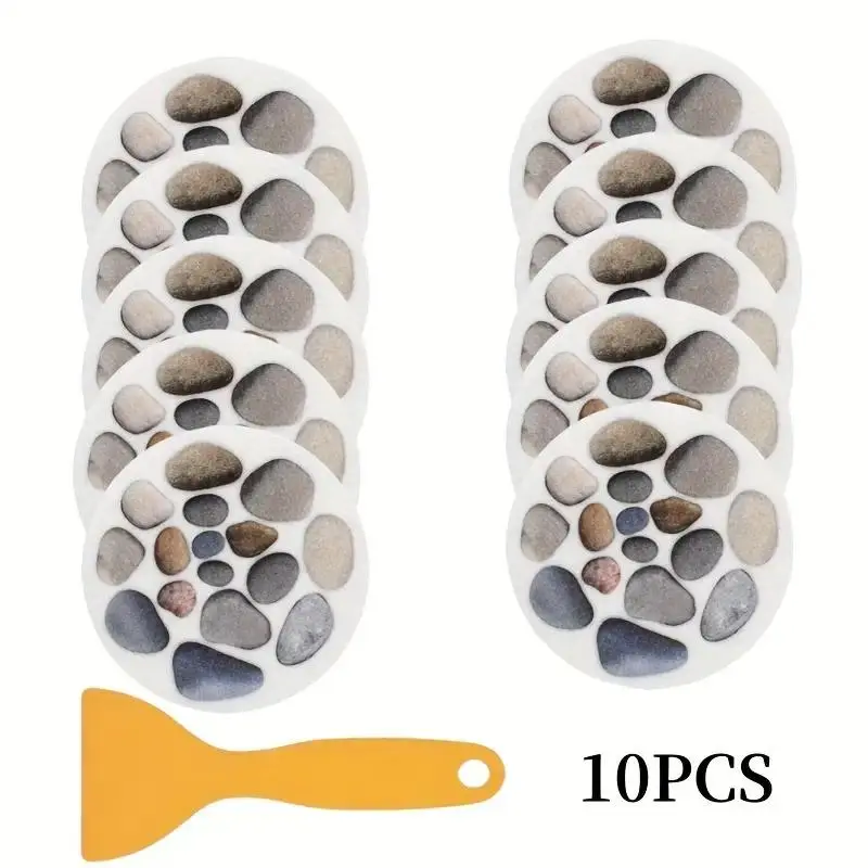 10pcs Silicone Cobblestone Pattern Adhesive Stickers - 15cm Eco-Friendly, Slip-Proof, Skin-Safe, Durable Bathroom Safety Stickers with 2 Scrapers, Ideal for Shower, Bathtub