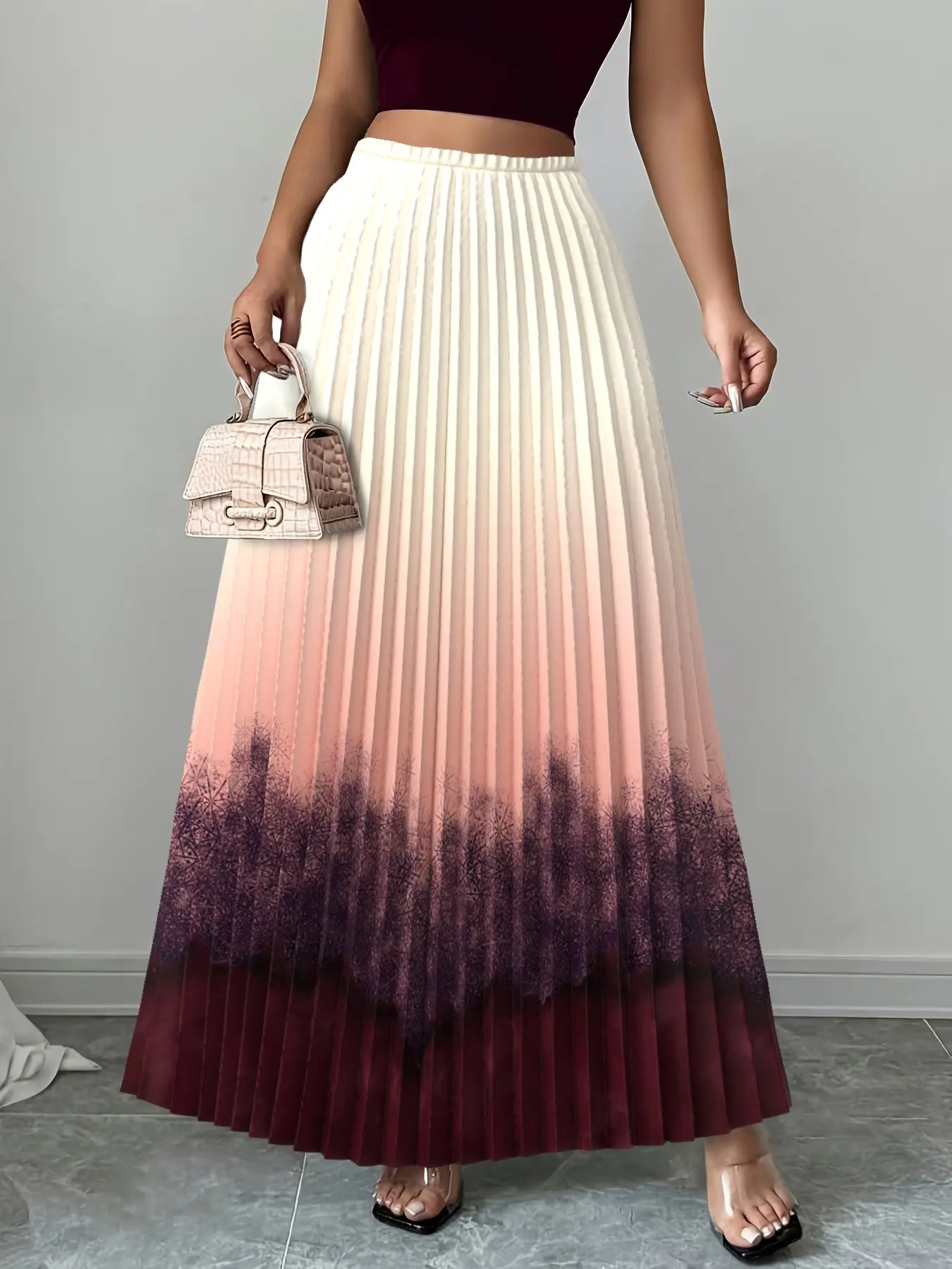 Women's A-Line Pleated Gradient Skirt, Elegant Casual Midi Skirt for Daily Wear & Party, Versatile Women's Clothing