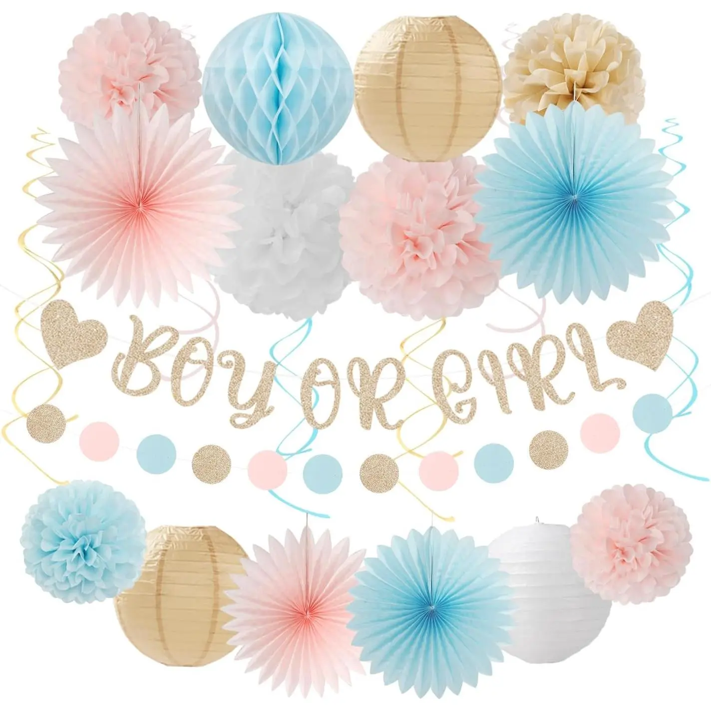 Light-Pink Blue Champagne Gender-Reveal Party-Decorations - 22pcs Boy Or Girl Banner,Neutral Paper Lanterns Streamers,Tissue Pom Poms Flowers Fans Bear Theme Decor Supplies Hugmoon