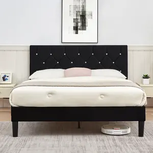 VECELO Twin Full Queen Size Upholstered Bed Frame with Button Tufted Adjustable Diamond Headboard, Wood Slat Support, Modern Design, Easy to Assemble