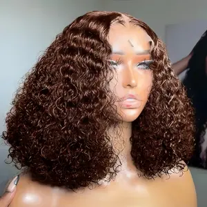 #4 Chocolate Brown Colored Short BOB Human Hair Wigs Afro Curly Hairstyle 13x4 Lace Frontal Wig 180% Density Human Hair Bob Wigs For Women Bouncy Wavy Bleach Knots Transparent Lace Pre-Plucked With Baby Hair
