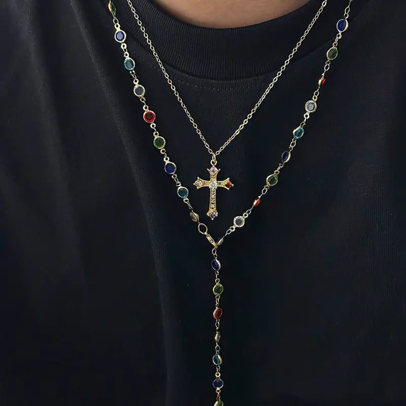Men's Layered Cross Pendant Necklace Fashionable Accessory Hip Hop Niche Premium Hundred Copper Chain Accessories