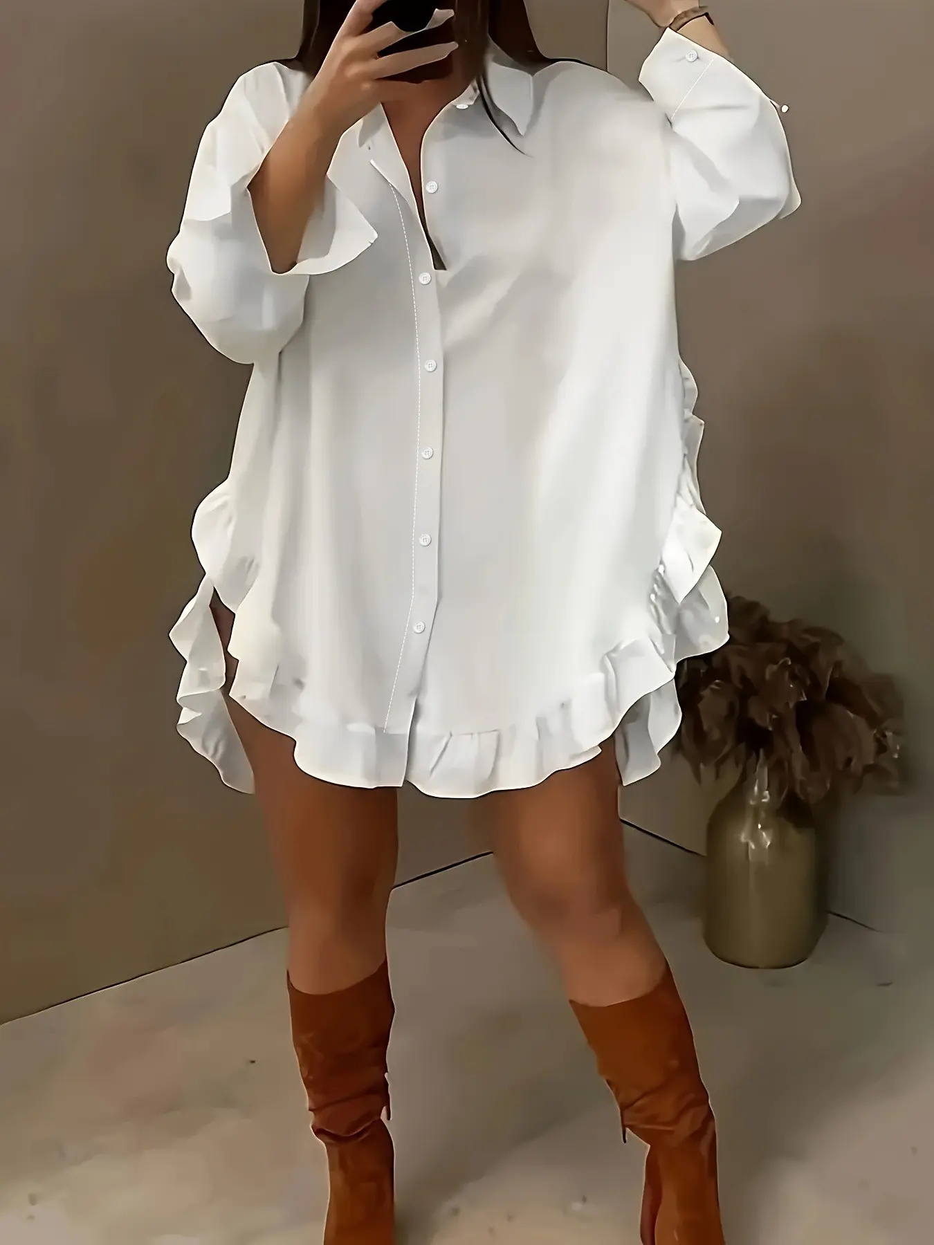 Elegant Plus Size Women's Solid Color Casual Party Vacation Daily Versatile Loose Fit Collared Hem Flounce Long Shirt
