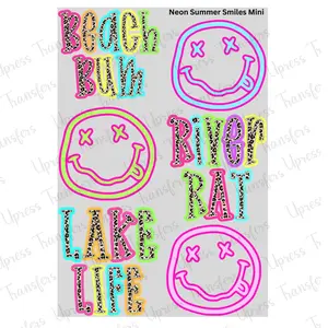 Neon Summer Smiles  Mini DTF Transfer Gang Sheet 24.5" Wide x 36" Long Direct To Film Trendy Vibrant Designs for Stylish Wardrobe