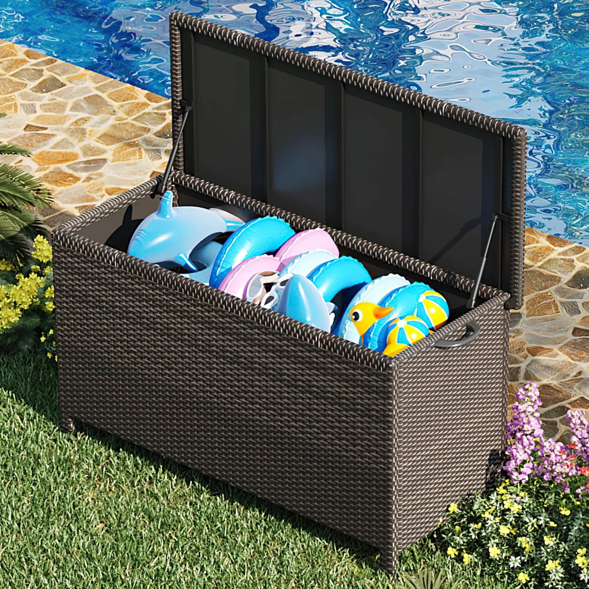 GAOMON 125 Gallon Large Deck Box Waterproof PE Rattan Outdoor Storage Box with Handles and Wheels, Storage Bin for Garden, Balcony, Porch, Pool, Yard,Brown Swimwear Organizer Deck Accessories