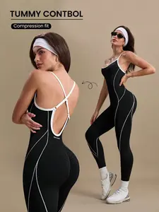 Women's Colorblock U Neck Adjustable Strap High Elastic Yoga Jumpsuit, Sporty Sleeveless Fitness, All Season Comfortable Wear, Sportswear Jumpsuits