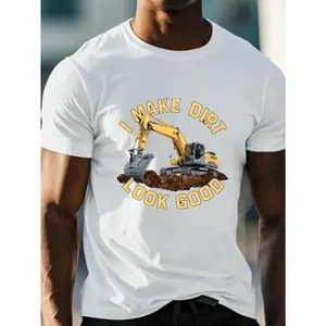 PLUS SIZE Big & Tall Men's Summer T-Shirt - Breathable Polyester, Casual Short Sleeve with Excavator Graphic, Machine Washable