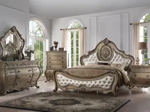 Acme 26310Q 4 pc Ragenardus vintage oak finish wood queen bedroom set decorative carvings tufted accents