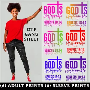 God Is Unstoppable Gang Sheet Faith Based Transfers 6 Adult & 6 Sleeve Prints Religious Designs Inspiration for Faith Inspired Clothing