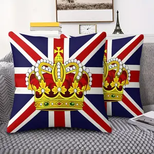 Regal Union Jack Inspired Throw Pillow, Digital Print Cushion featuring a Golden Crown adorned with Red Velvet, White Pearls, and Floral Motifs. Perfect for Home Decor, Sofa, and Bedroom vibes, 45cm Square Includes Pillow Insert