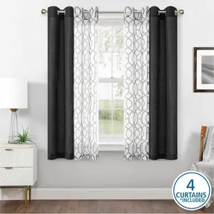 Grommet Curtain Panels Set, 4 Curtains Included, Black and White Geometric Pattern, Window Treatment