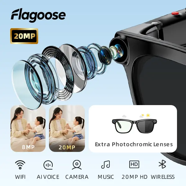 Flagoose Upgrade 20MP HD AI Smart Glasses with Camera Video and Photo Recording for Men and Women with Button Touch Adjustment AI Translation Voice Assistant for Outdoor,Cycling, Climbing, Skiing, Work and Daily‑life Recording Gift for Him Mens Birthday