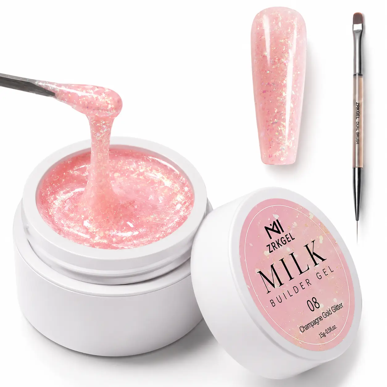 ZRKGEL 15g Milky White HEMA-Free Builder Gel for Nails - Professional Manicure Cosmetic, UV-Cured DIY Extension Gel with Brush, Strong Smooth Beauty Product for Adults, Aesthetic Minimalist Item