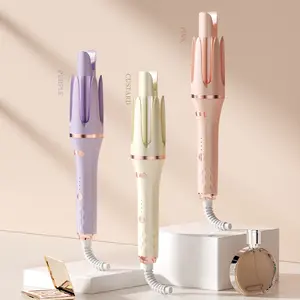 Salon-quality curl-Auto Hair Curler, Automatic Curling Iron with 4 Temperature, Automatic Shut-Off, Anti-Scald, Anti-Tangle Rotating Curling Wand for Hair Styling, Pink, Purple and custard