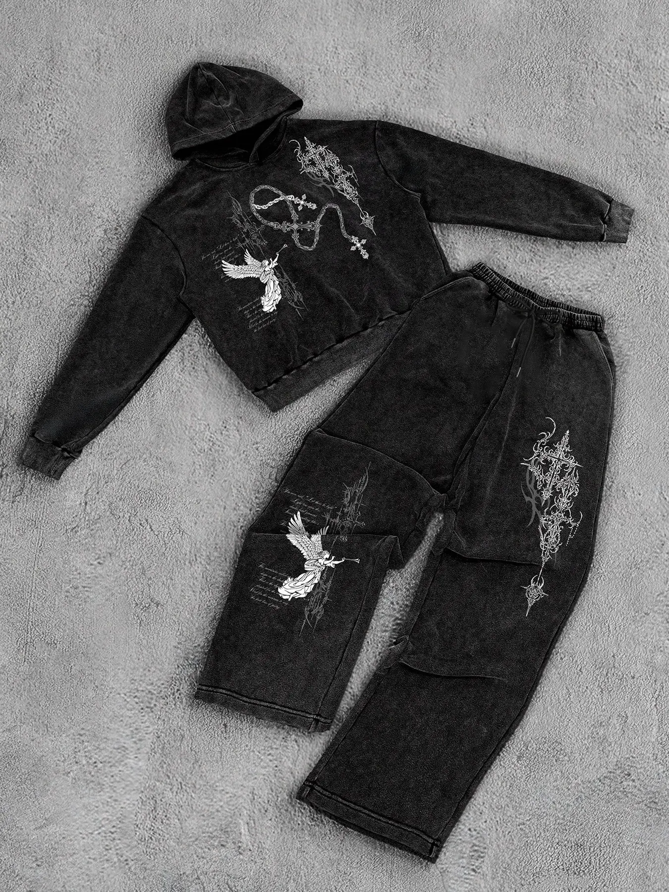 2-Piece Y2K Acid Wash Tracksuit Set | Gothic Cross & Angel Graphic Print Cropped Hoodie | Baggy Wide Leg Sweatpants | Vintage Charcoal Grunge Athletic Streetwear Full Fit for Men & Women | Athleisure Tracksuit | Casual Athletic Wear