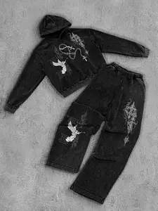 2-Piece Y2K Acid Wash Tracksuit Set | Gothic Cross & Angel Graphic Print Cropped Hoodie | Baggy Wide Leg Sweatpants | Vintage Charcoal Grunge Streetwear Full Fit for Men & Women