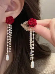 Mountain Flower Fringe Earrings, Velvet Long Earrings, Rose Pearl Jewelry, New 2026 High-End Design, Elegant Ear Accessories