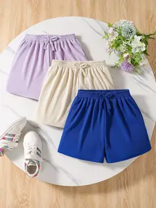 3Pcs Girls' Solid Color Sports Shorts, Youth Short for Summer, Elastic Waist, Slight Stretch, Sweat-Wicking & Quick-Drying, Durable & Wash-Resistant, Casual & Versatile