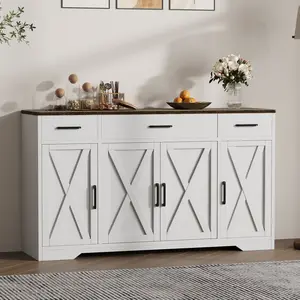 55" Sideboard with Storage – Modern Farmhouse Buffet Cabinet with 3 Drawers, Large Wood TV Stand & Coffee Bar for Living Room, Kitchen, Hallway