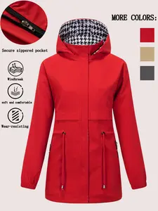 Women's Casual Hooded Windbreaker Jacket, Mid-Length Spring/autumn Coat with Front Zipper & Adjustable Waist Drawstring