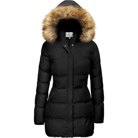 Women's Fitted Thick Waterproof Fleece Puffer Coat - Ladies' Long-Sleeve Long-Length Winter Outerwear with Detachable Hood On/Off Warm, 2-Way Front Zipper Closure, Button Accent, Shell Layer, Ribbed Cuffs, Functional Pockets