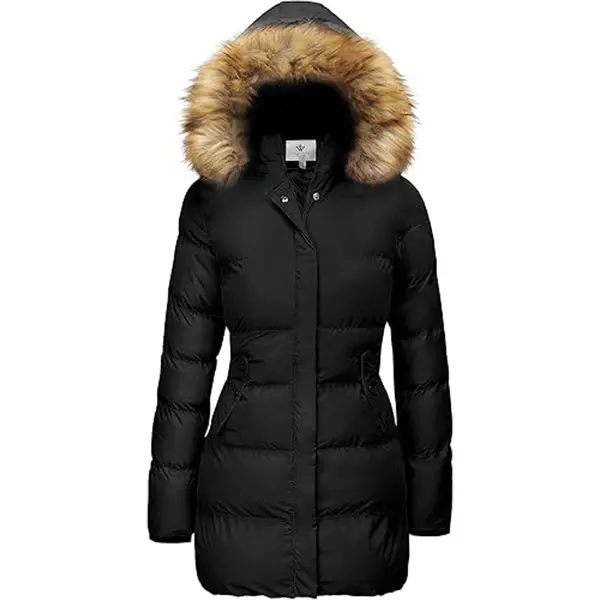 Women's Fitted Thick Waterproof Fleece Puffer Coat - Ladies' Long-Sleeve Long-Length Winter Outerwear with Detachable Hood On/Off Warm, 2-Way Front Zipper Closure, Button Accent, Shell Layer, Ribbed Cuffs, Functional Pockets