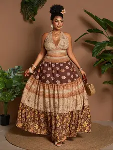 Plus Size Women's Fitted Vacation Print Set, V Neck Tie Top & Ruffle Hem Skirt, Casual Summer, Two-Piece Dressy Ensemble