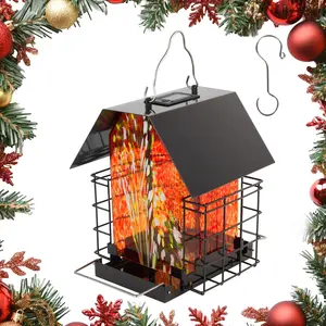 LUJII Solar Bird Feeder for Outdoors – Hand-Blown Glass with 2 Suet Cake Cages, Metal Roof, All-Weather Feeder for Woodpeckers, Cardinals, Blue Jays & Songbirds, Red, Unique Christmas & Holiday Gift for Bird Lovers