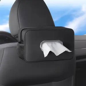 Multi-Functional Car Tissue Holder with 2 Storage Nets, Upgraded PU Leather Tissue Box Cover, Large Rectangle Napkin Organizer Fit for 100-160 Regular Size Tissues, Keep Car Tidy, Black