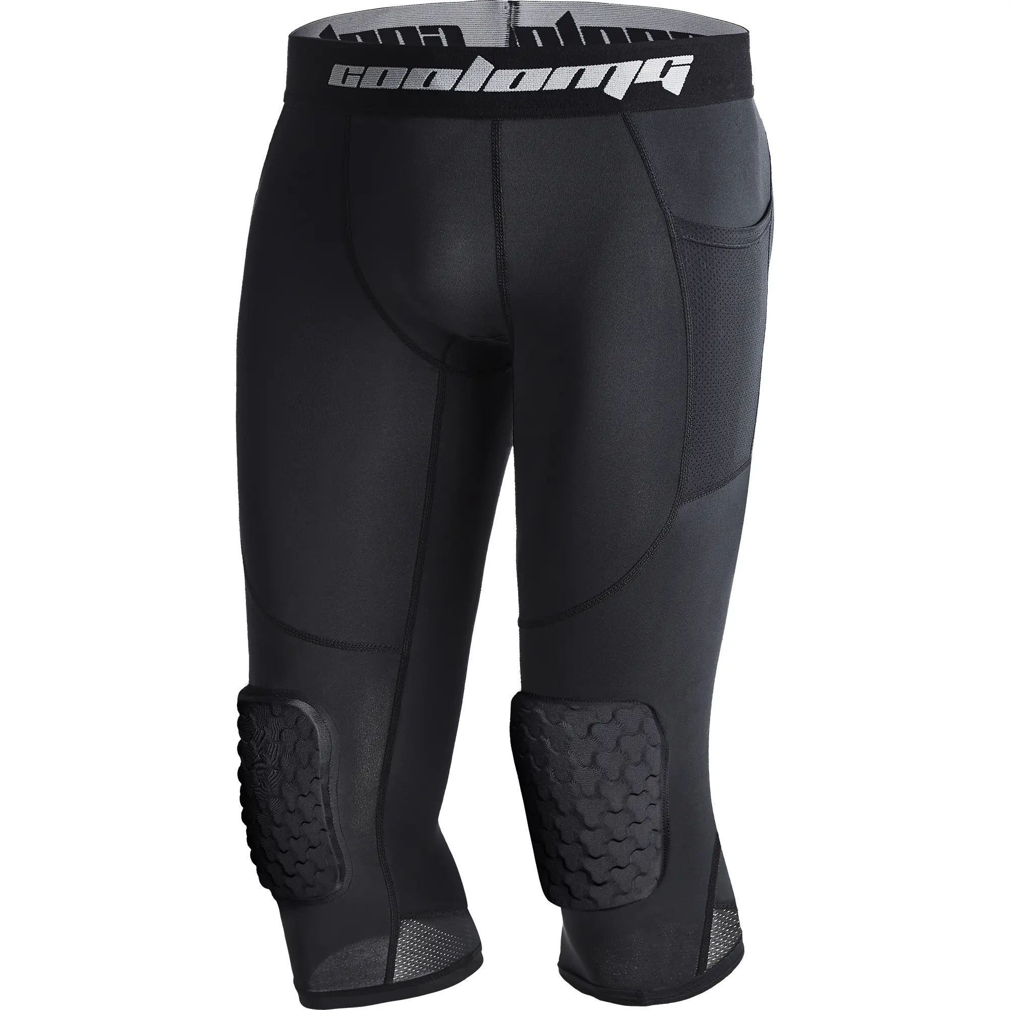Men's Basketball Leggings with Knee Pads Capri Padded 3/4 Compression Pants Athletic Tights with Side Pockets for Basketball Sports Workout