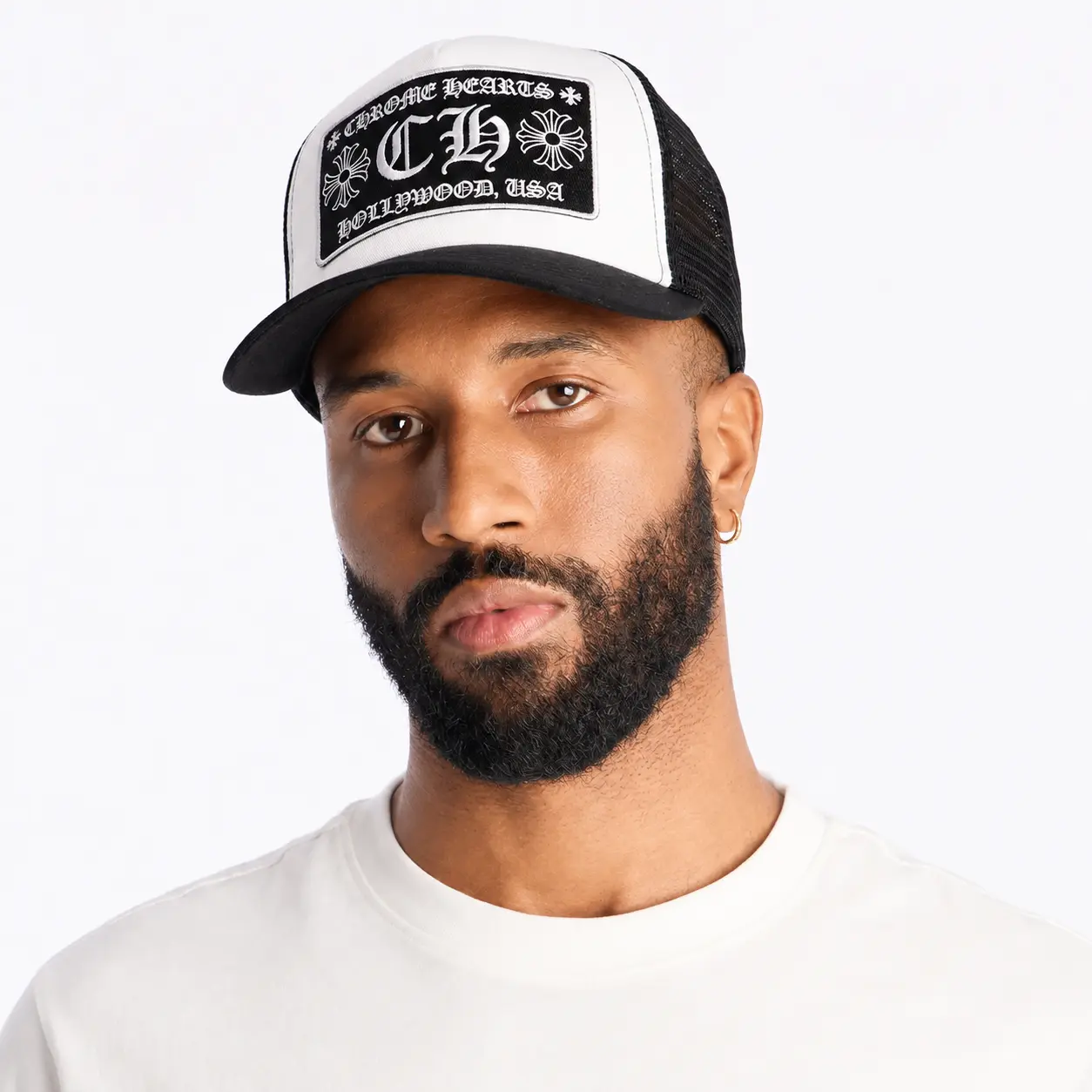 Chrome Hearts Trucker Hat – White & Black Mesh Streetwear Cap with Bold CH Logo Patch - Perfect for Streetwear Enthusiasts