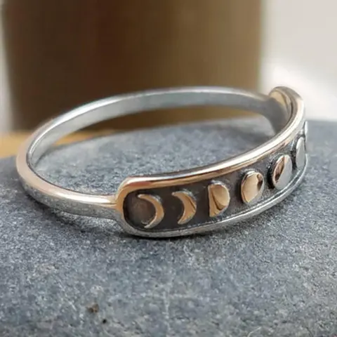 Vintage Moon Phase Rings for Women and Men Stackable Finger Ring, Copper Band Rings, Stacking Rings, Geometric Moon Design Jewelry Gift, Casual Style Daily Wear, All Seasons, Fashion Stackable Rings