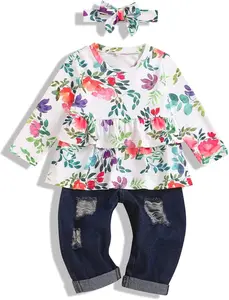 Baby & Maternity, Toddler Girls Clothes Floral Ruffle Top Ripped Jeans+Headband, Maternity Clothing & Accessories