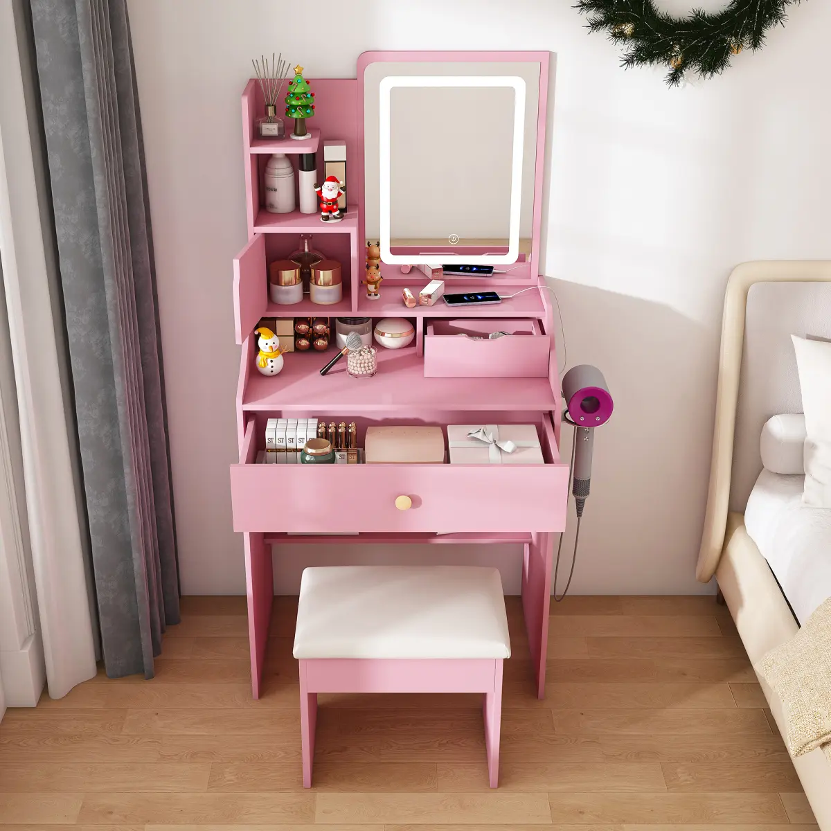 Women's Stylish Pink Makeup Vanity Desk Set - Bedroom/Dressing Area Furniture, Backlit LED Mirror (3-Color Lighting), 2 Drawers, 5 Cabinets, Hidden Storage, Stool, Hair Dryer Holder, Built-In Charging Station, Makeup Organization Gift, Adjustable