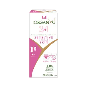 Organyc 100% Certified Organic Cotton 2 in 1 Panty Liners for Women Fits Thong or Regular Underwear, Light Flow, 20 Count