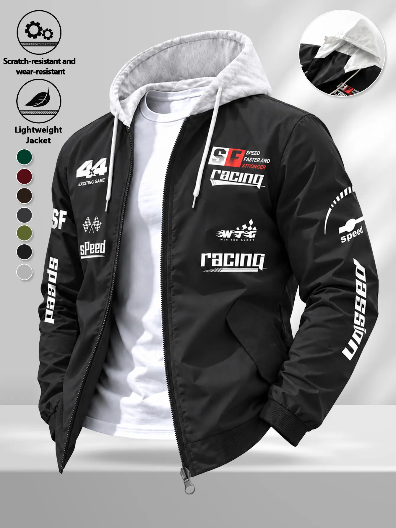 Men Detachable Hood Racing Print Bomber Jacket Lightweight Windproof Zip Up Coat Big Size